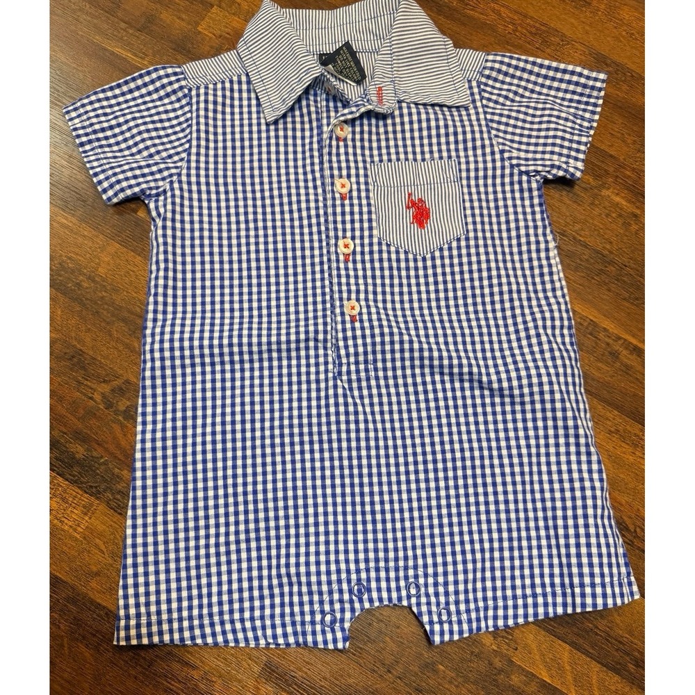Boys U.S. Polo Assn. blue plaid summer romper. Size 6/9 months. Horse logo.